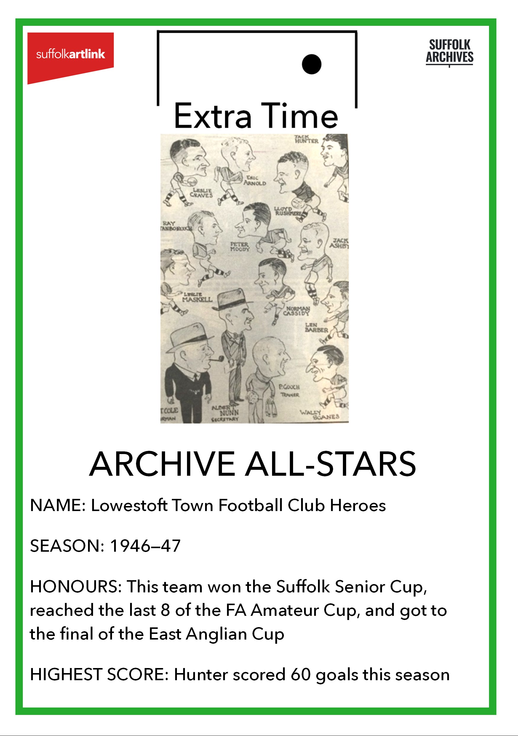A cartoon of football players and text Extra Time Archive All-Stars, name Lowestoft Town Football Club Heroes, Season, 1946-47, Honours, this team won the Suffolk Senior Cup, reached the last 8 of the FA Amateur Cup and got to the final of the East Anglian Cup, Highest score, Hunter scored 60 goals this season