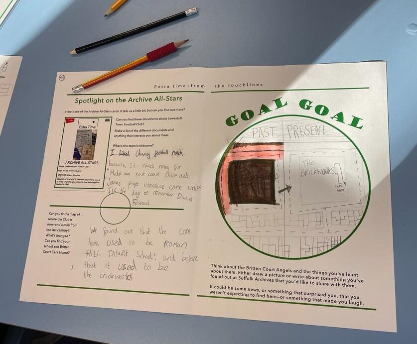 A child's worksheet, in which he has written some details about Roman Hill (his school) and also drawn a 'past' and 'present' view of the area