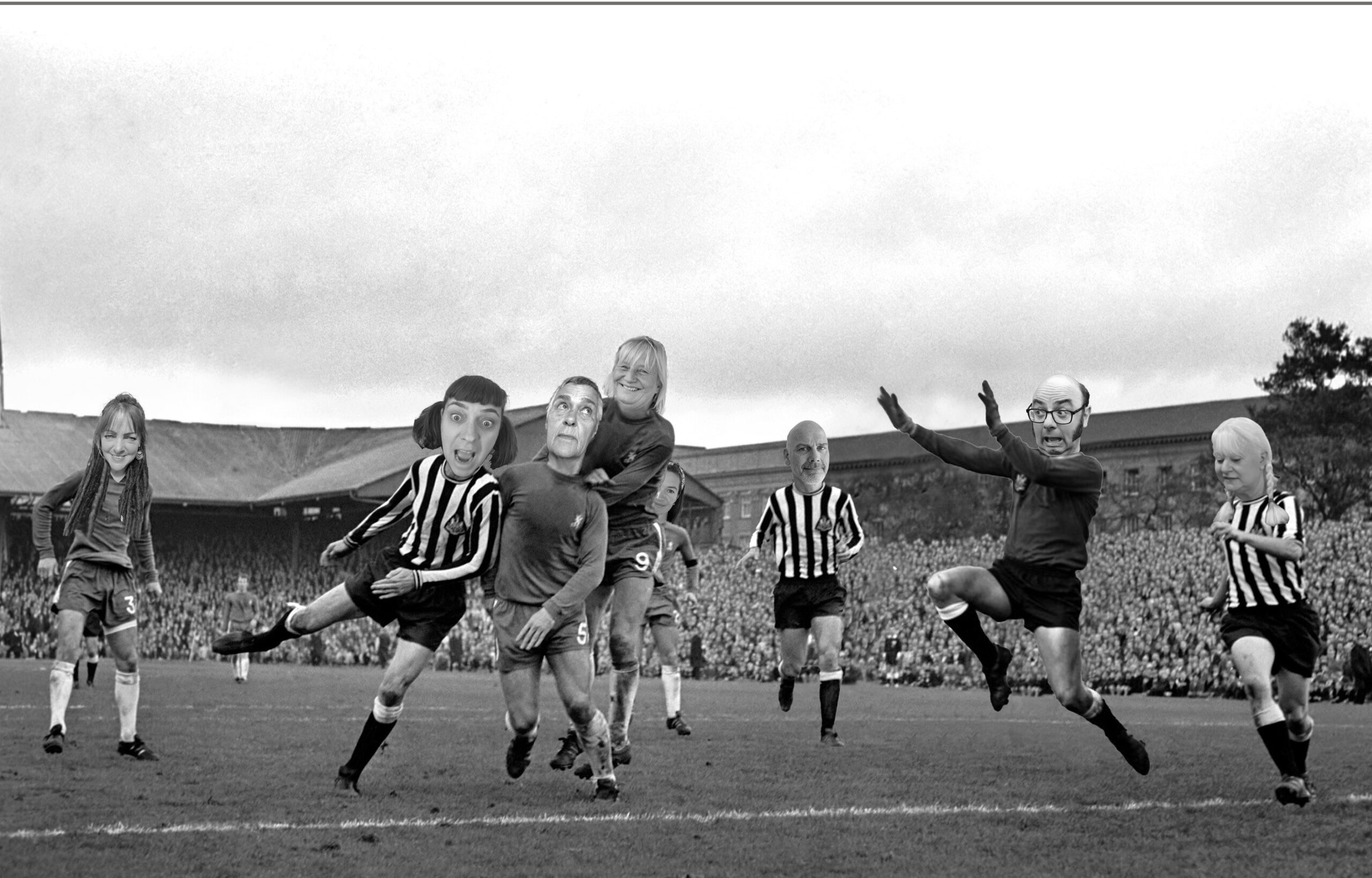 A monochrome image of a football pitch with players in striped tops and dark shorts. The picture is quite old, but the faces of the players have been photoshopped and replaced with more recent photos