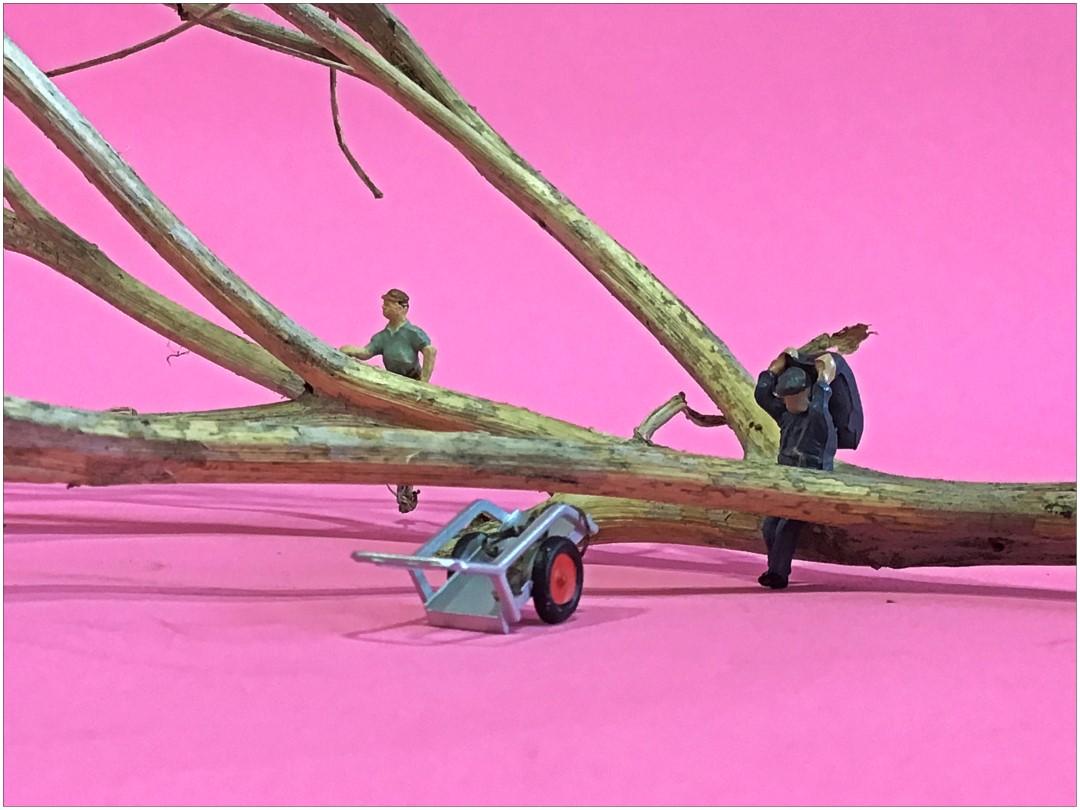 two tiny figures of people with a twig, which appears as an enormous tree