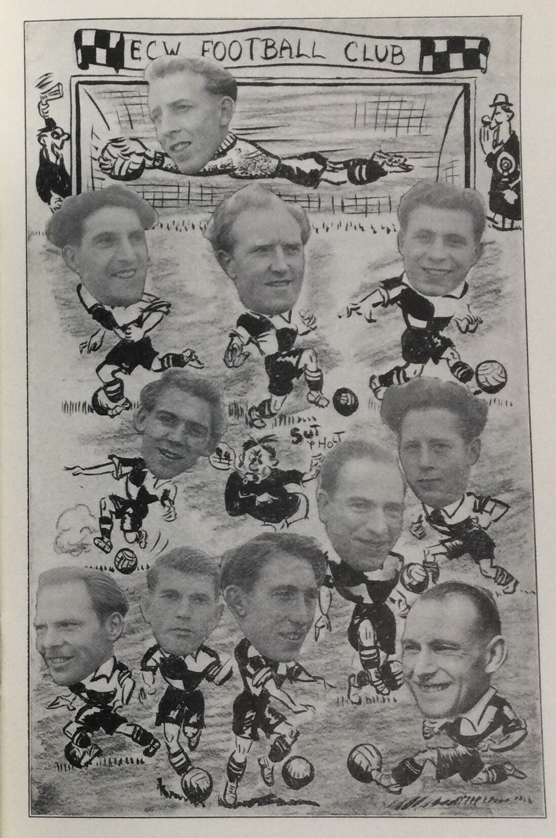 A cartoon of footballers in the Eastern Coach Works Football Club