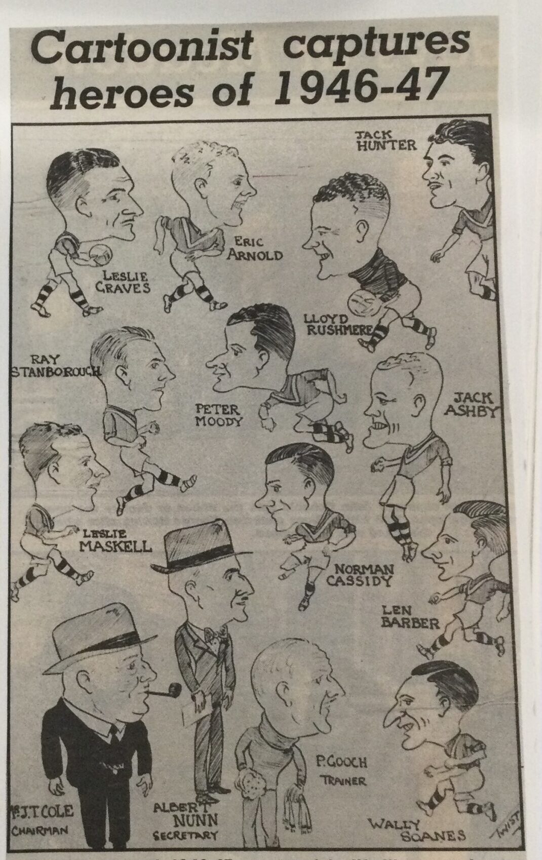 A cartoon of all the Lowestoft Town Players, the Chairman and Club Secretary involved in the 1946-47 season