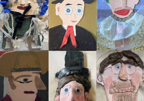 A selection of 4 mixed media portraits and 2 clay portraits in historical attire.