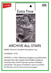 A picture of Jackie Slack, captain of Lowestoft Women's Football team, holding the WFA Cup they won in 1982/83 season