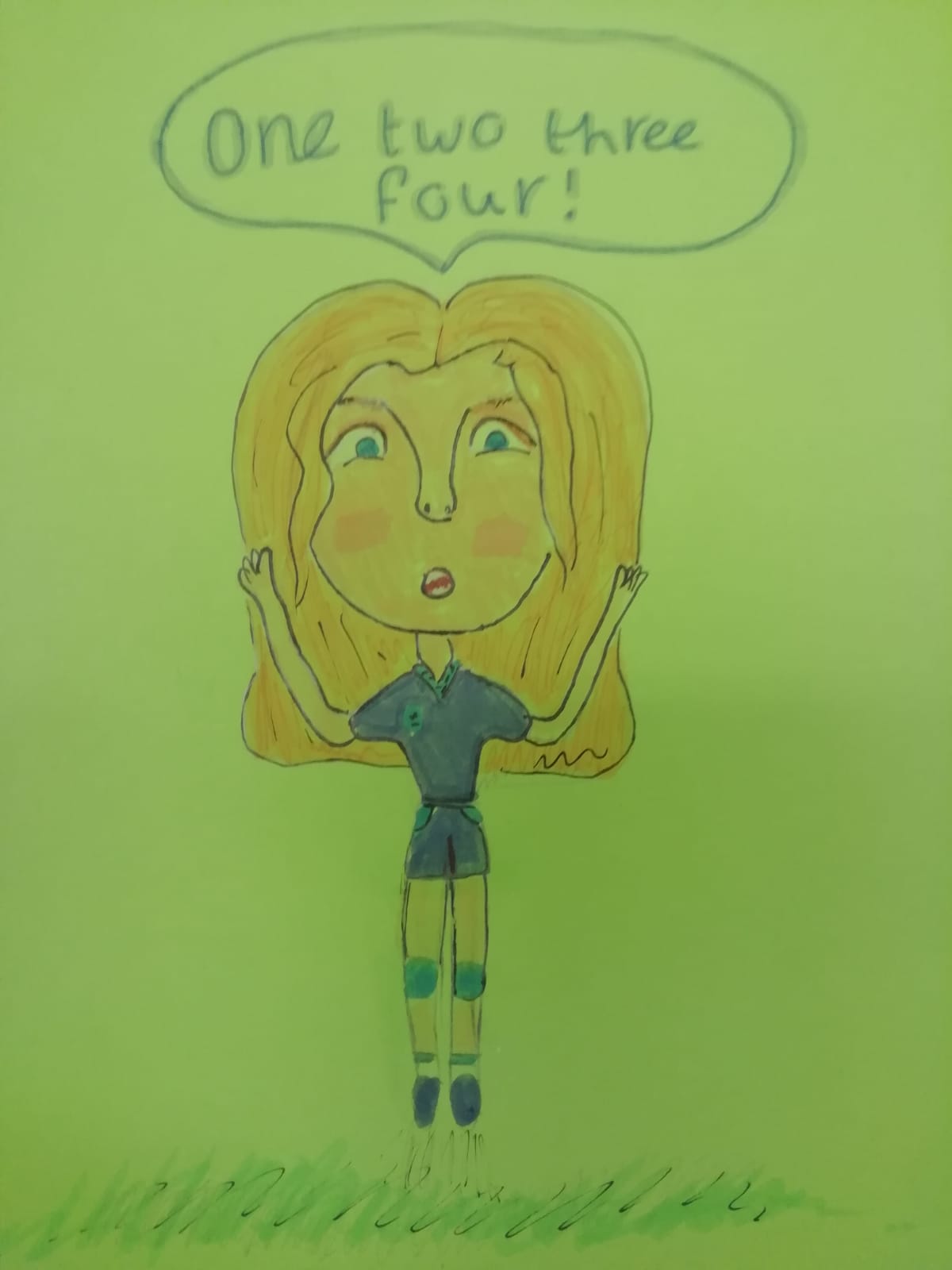 Drawing of a girl with long yellow hair, dressed in football kit and shouting 1,2,3,4