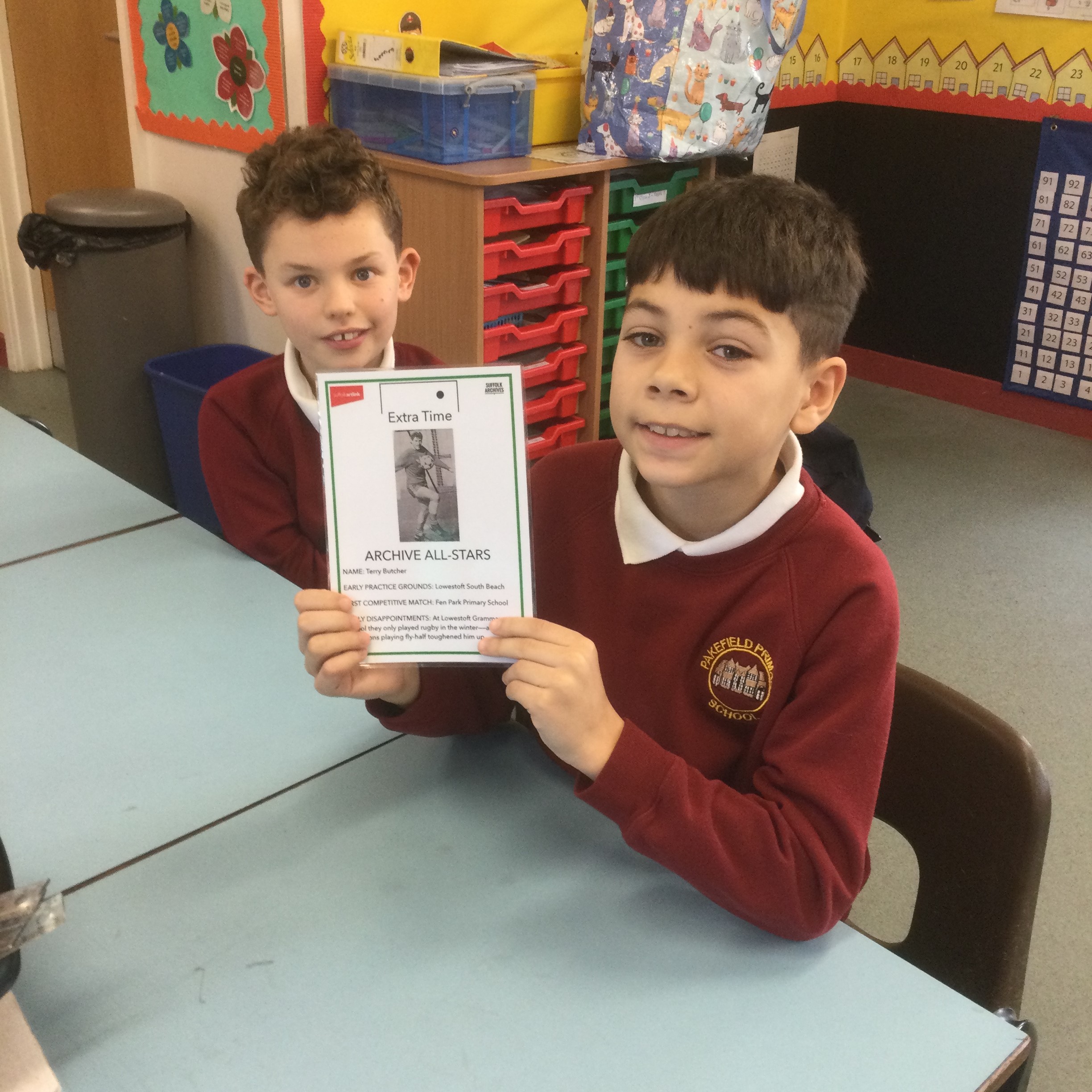 Two school boys seated at a blue table, holding up a card with a picture of a footballer