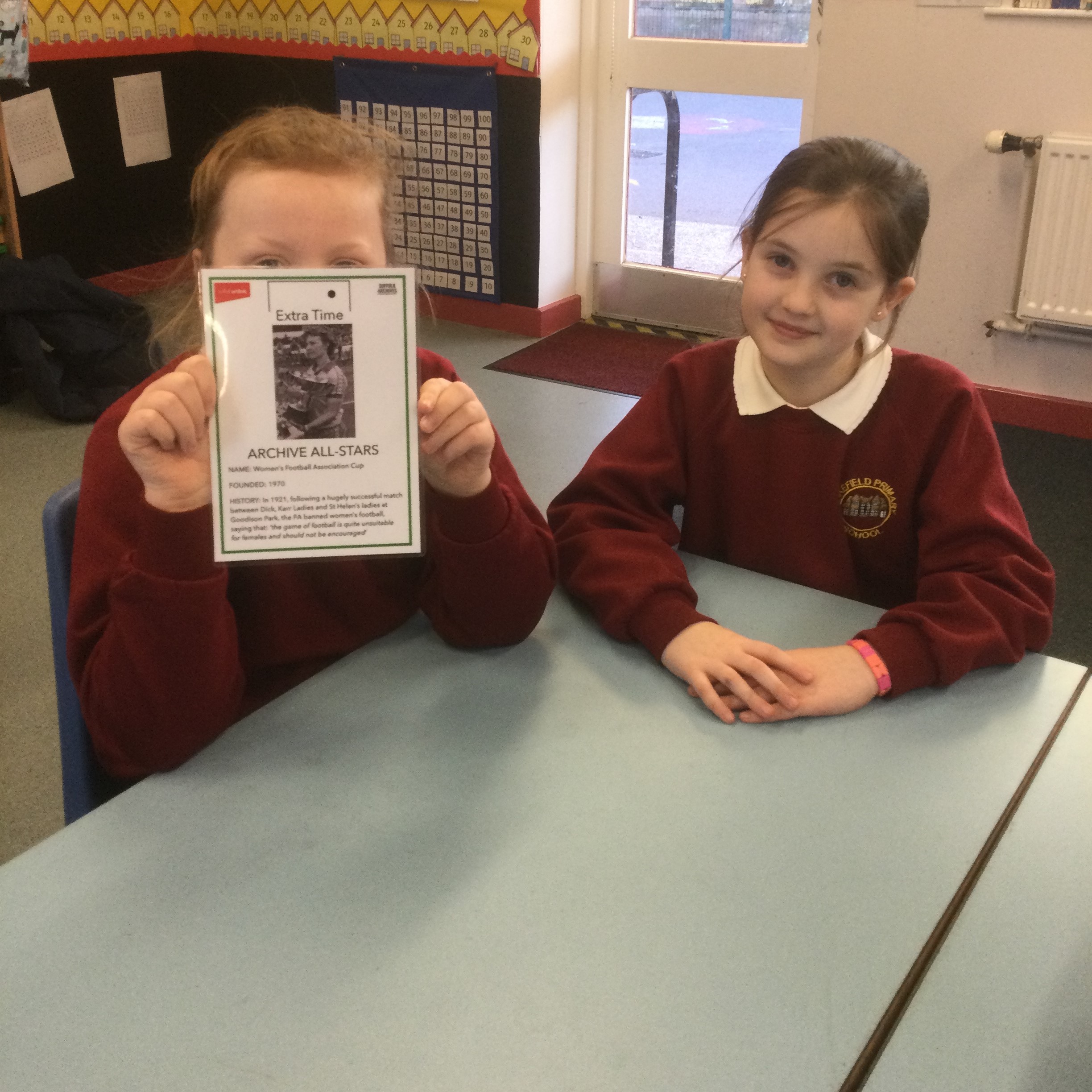 Two school girls seated side by side, one of whom is holding a plasticised card in front of her face. The card show a photo of a female football player holding a large trophy