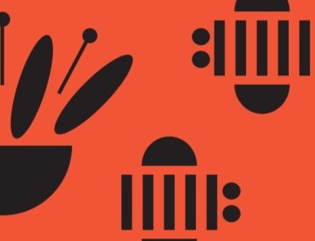 Minimalist bees and flower in black on a red background