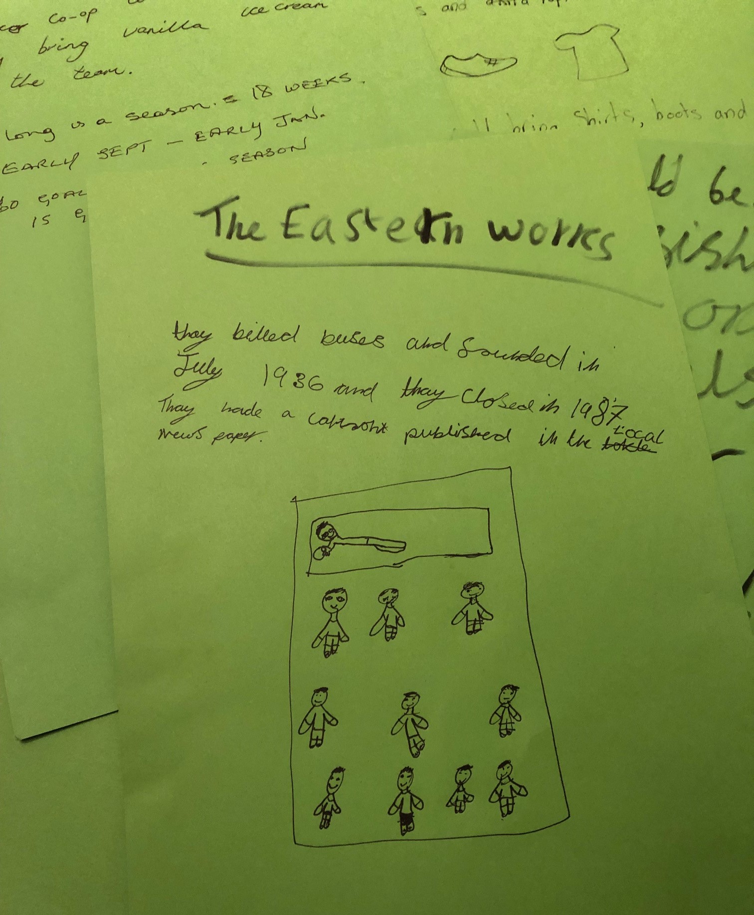 Sheets of green paper with writing and pictures all relating to information about the Archive All-Stars