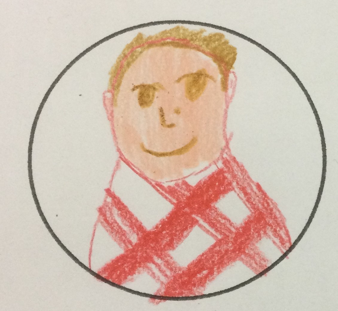 A figure in red and white check, drawn inside a circle