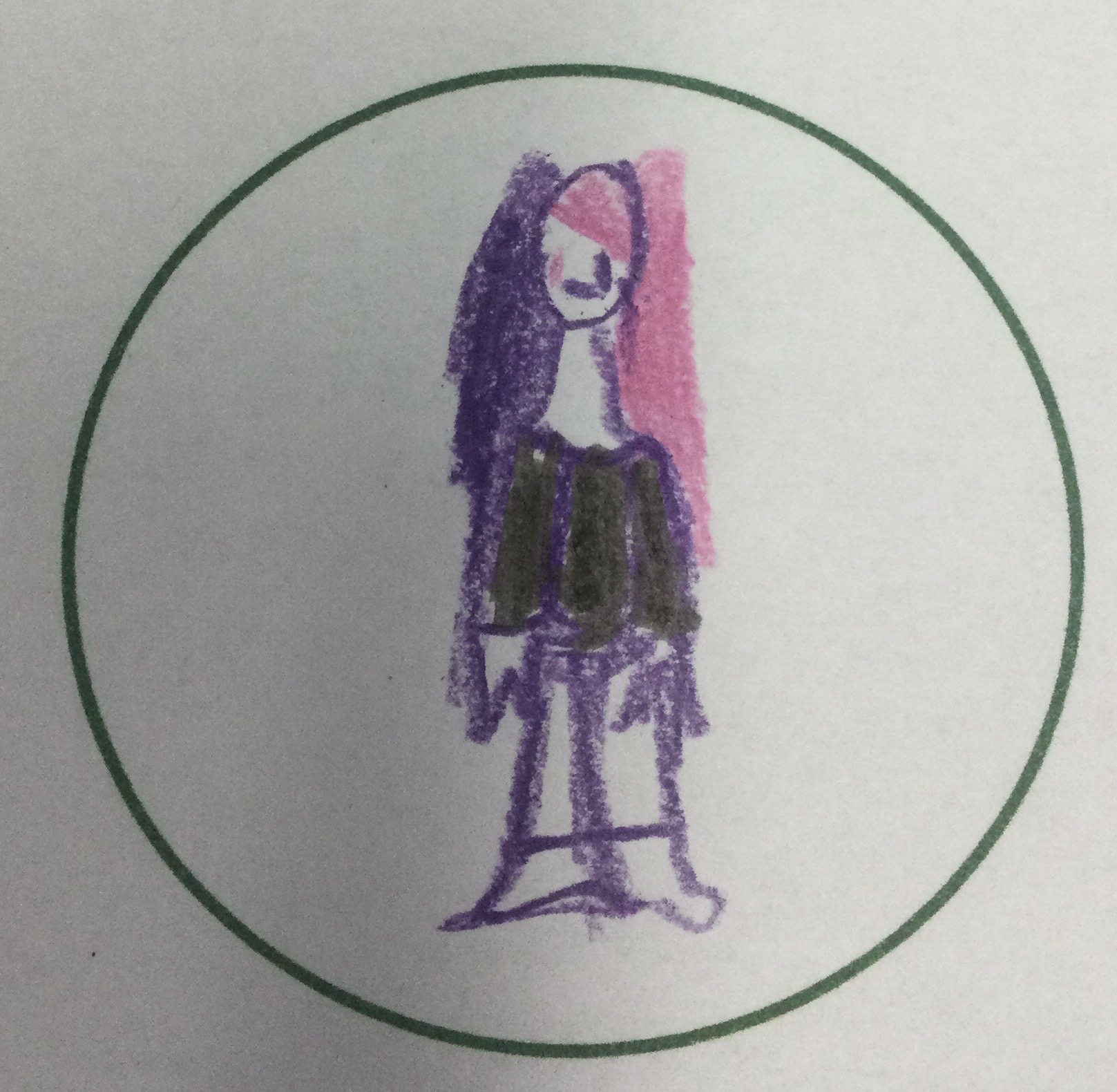 A figure with pink and purple hair