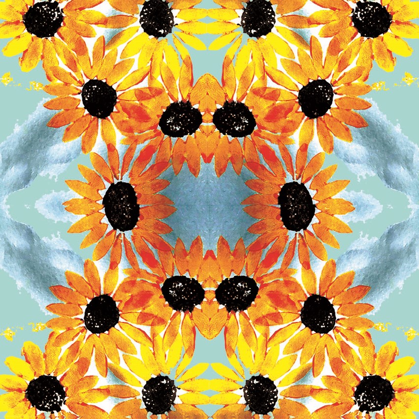 Symmetric repeating pattern of sunflowers on a blue background.