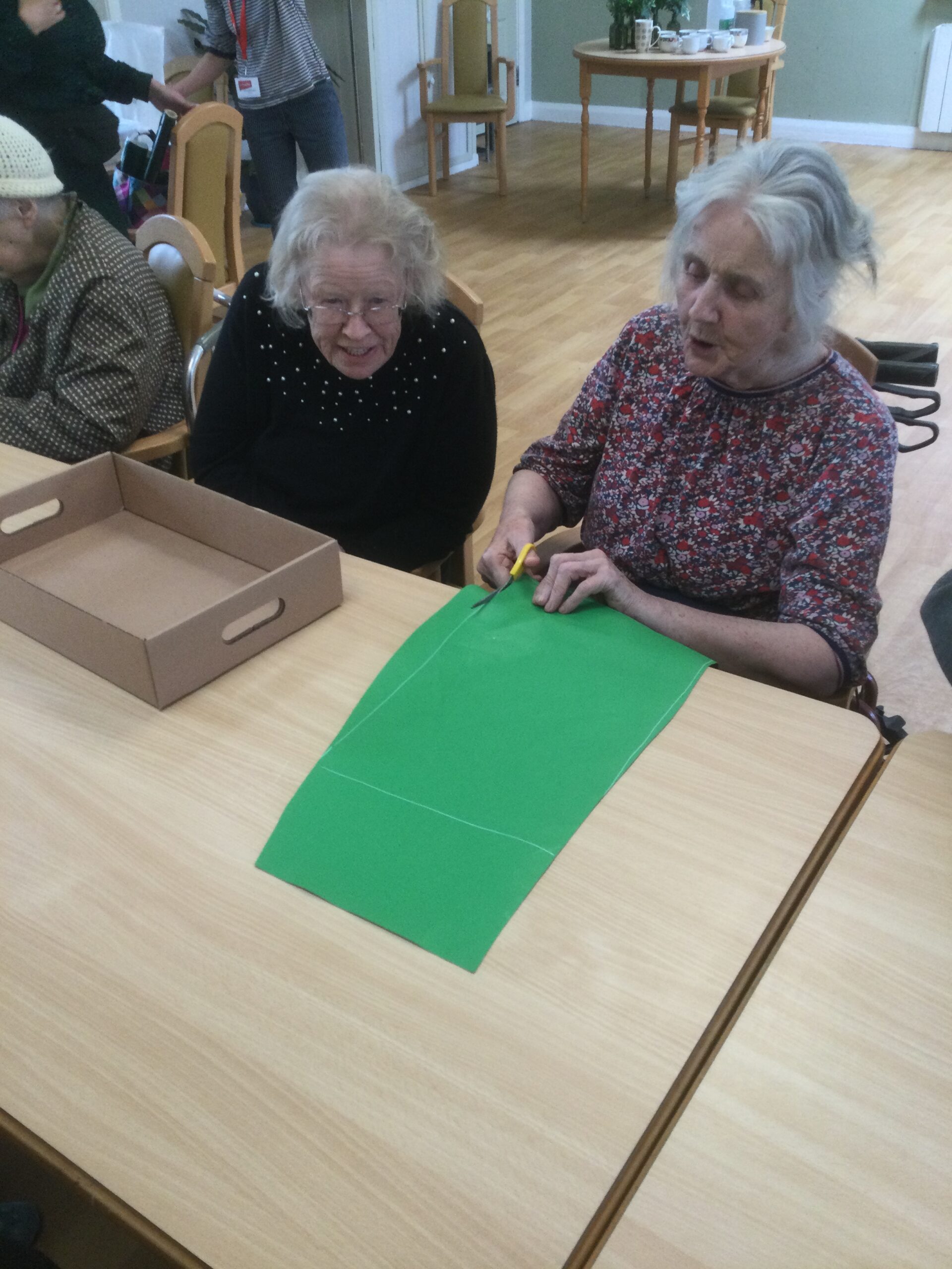 Two women seated, one with a cardboard box in front of her and the other cutting a piece of green material