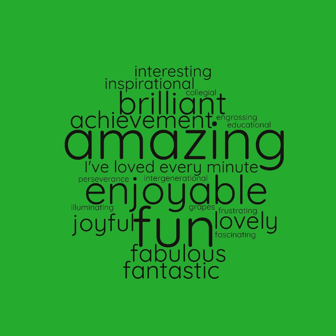 An image of several different words including amazing, enjoyable, fun, brilliant and joyful