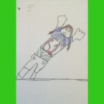 Hand drawing of female football player wearing 61 on jersey, diving for the ball