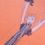 Drawing of football player in black and white stripes with arms in the air