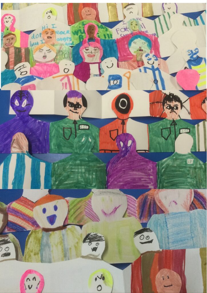 Rows of colourful paper football fans