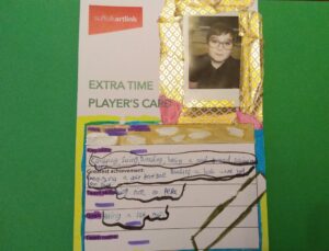 Extra Time Player's Card Key skills include colouring, sewing, reading being a good friend and greatest achievement was scoring a goal in football and reading a book with 500 pages. His team skills is being nice to people and his goal is to get a pet goose