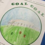 GOAL GOAL and a line of pencil figures advancing across a green pitch under a blue sky