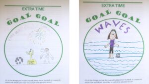 Two green circles with the words Extra Time GOAL GOAL above. In one circle is a trophy, and football and a player with the number 7 on his kit. The second circle has the word WAVES written in purple and a figure dressed in purple and black football kit with a football beside and wavy blue lines running horizontally across the picture