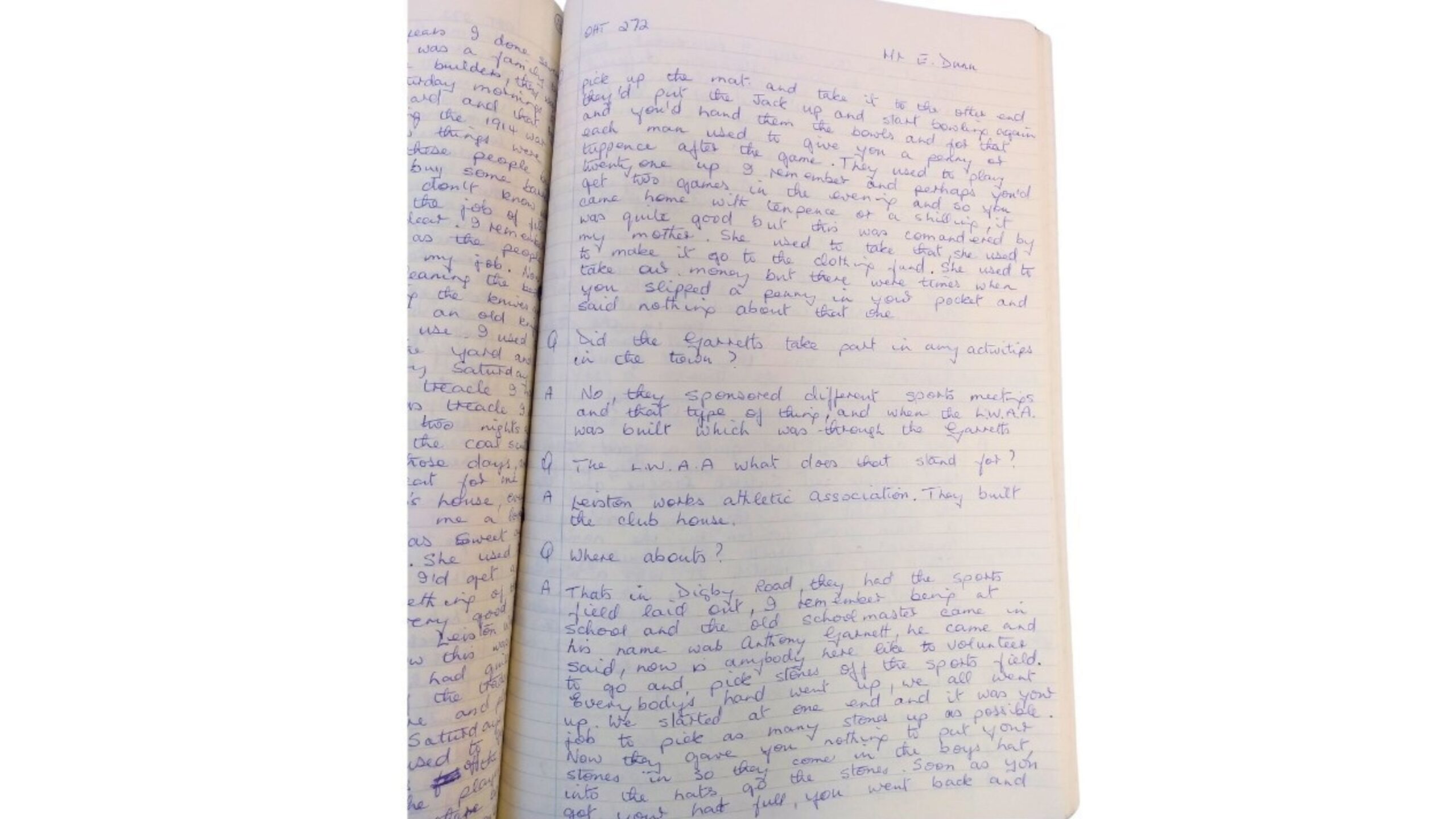 A page of handwritten notes in blue biro. It is a transcript of an oral history recorded in 1985 and recounting the time when school children at Leiston school were asked to go and clear stones from a nearby field so that it could be turned into a football pitch