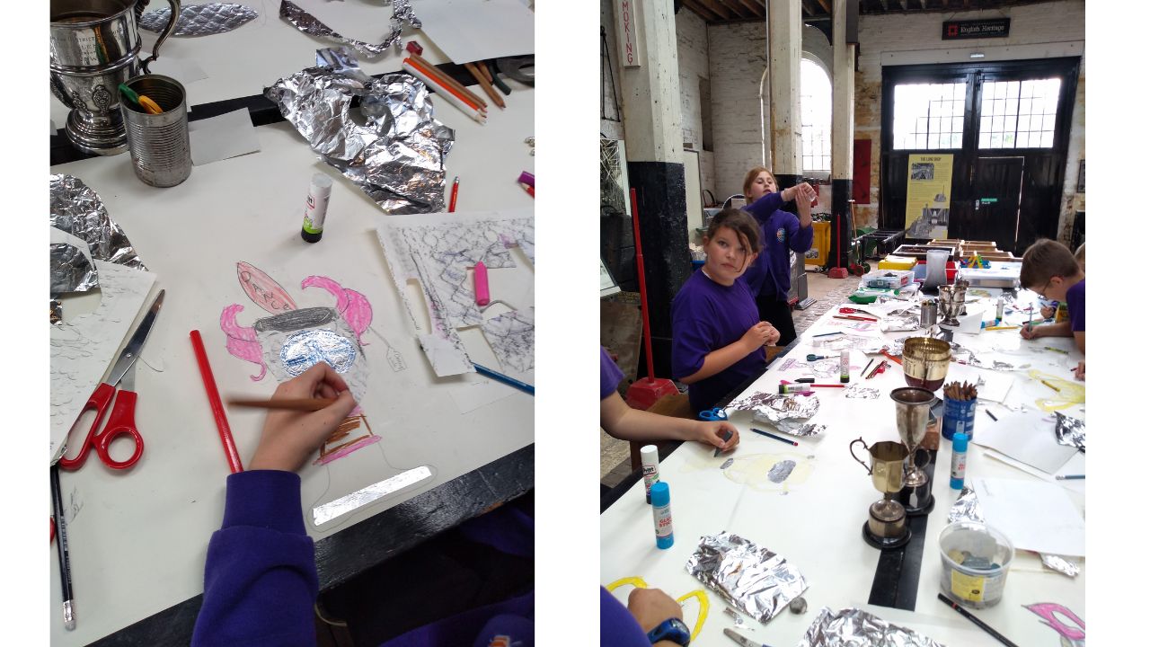 Two images - Left shows a table full of art materials and a single hand, colouring a trophy and right is a long shot of a table with children either side, all busy with creating artworks