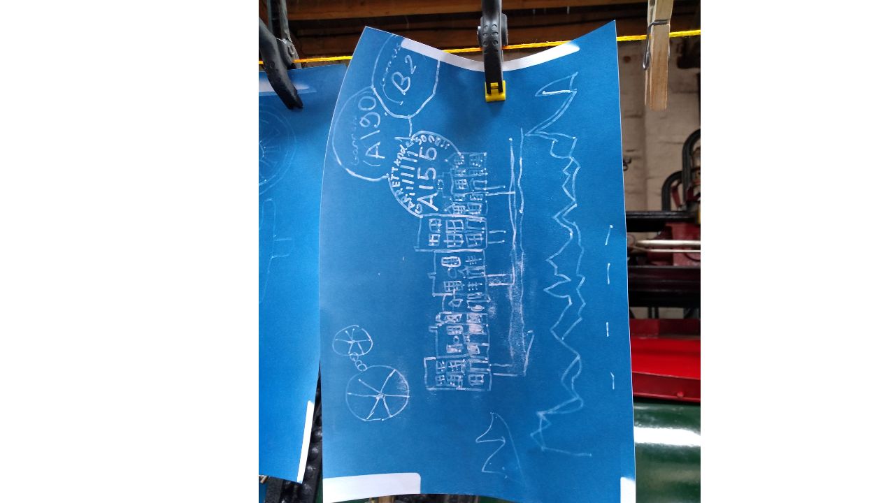 A detailed cyanotype showing the Garrett works and other objects