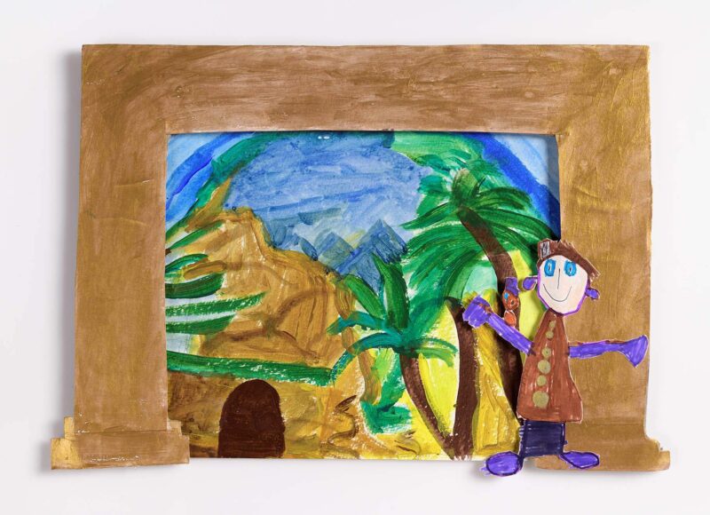 Aladdin on Stage, mixed media collage on card, 23x34cm