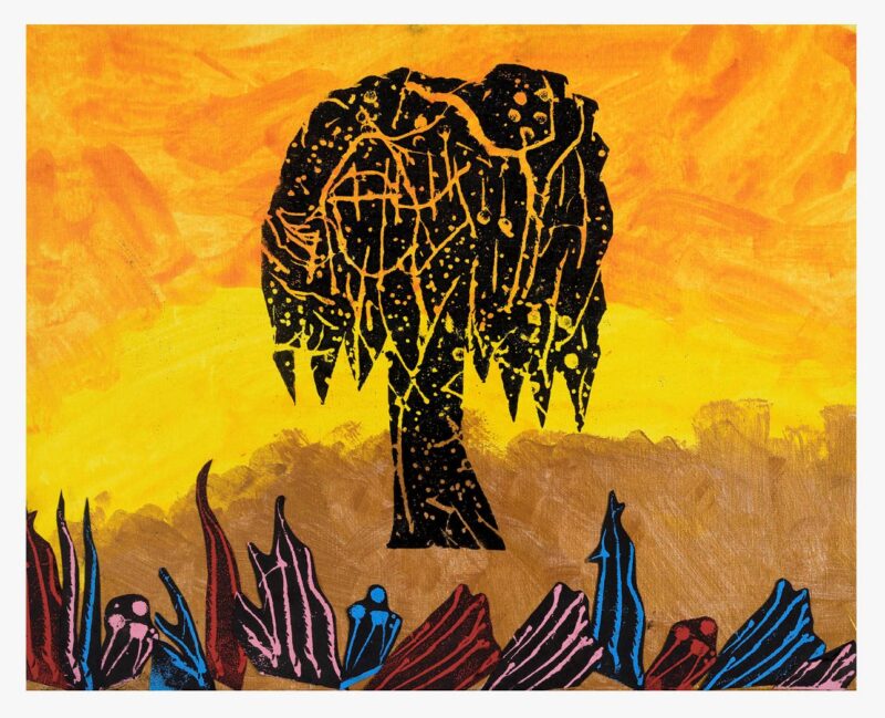 Tree, paint, print and collage on paper, 41x51cm