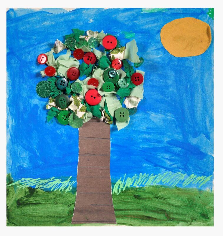 Sensory Tree, mixed media collage and paint on paper,30x29cm