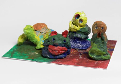 Clay Creatures, painted clay and board, 15x40x30cm