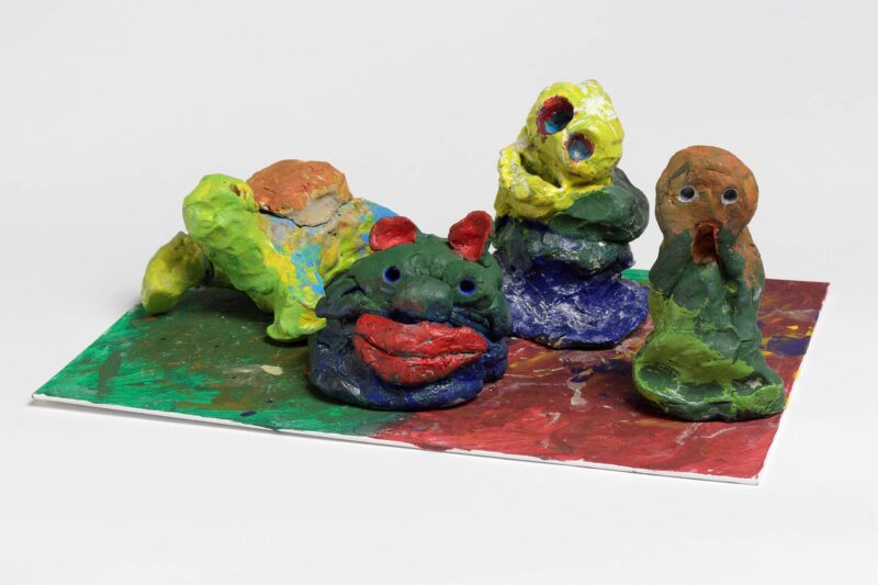 Clay Creatures, painted clay and board, 15x40x30cm