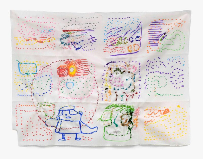 Colour Sew, embroidery and pen on fabric