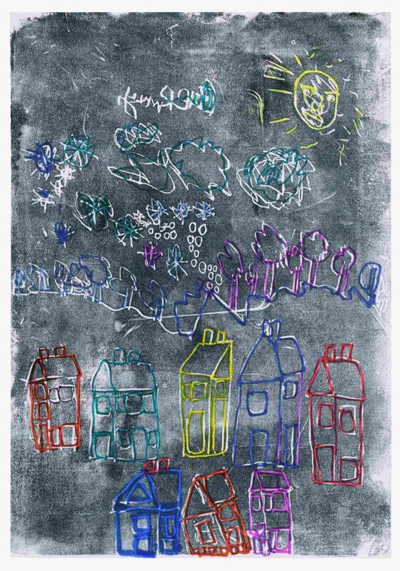 Colourful Houses, monoprint and pen, 43x30cmon paper,