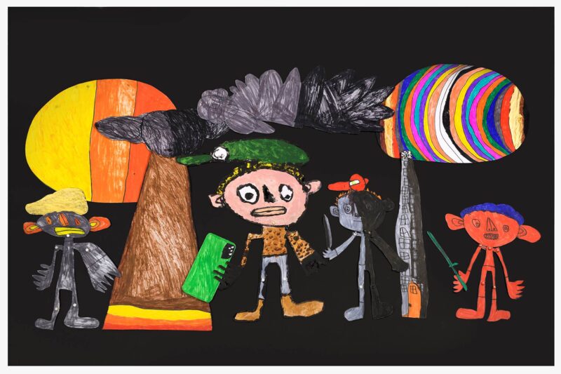 Figures, paint pen on paper and card, 70x133cm