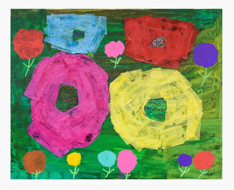 Flowers, paint, posca and tissue paper on board