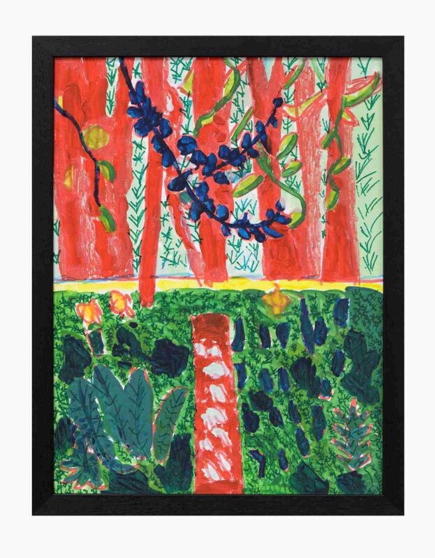 Hockney Landscape, acrylic paint and posca pen on canvas board