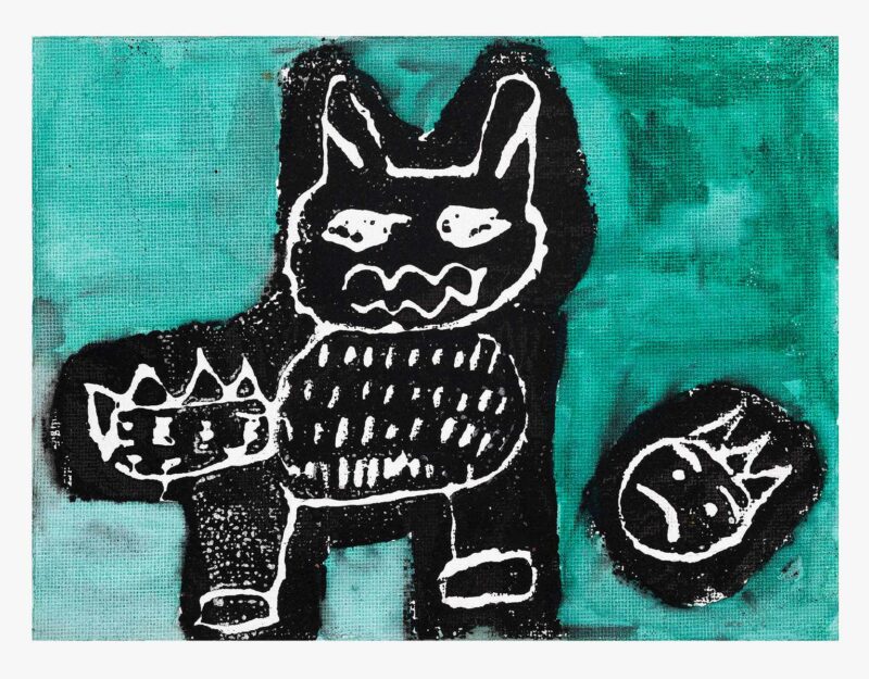 King Edmund and the Wolf, monoprint and paint on board, 20x15cm