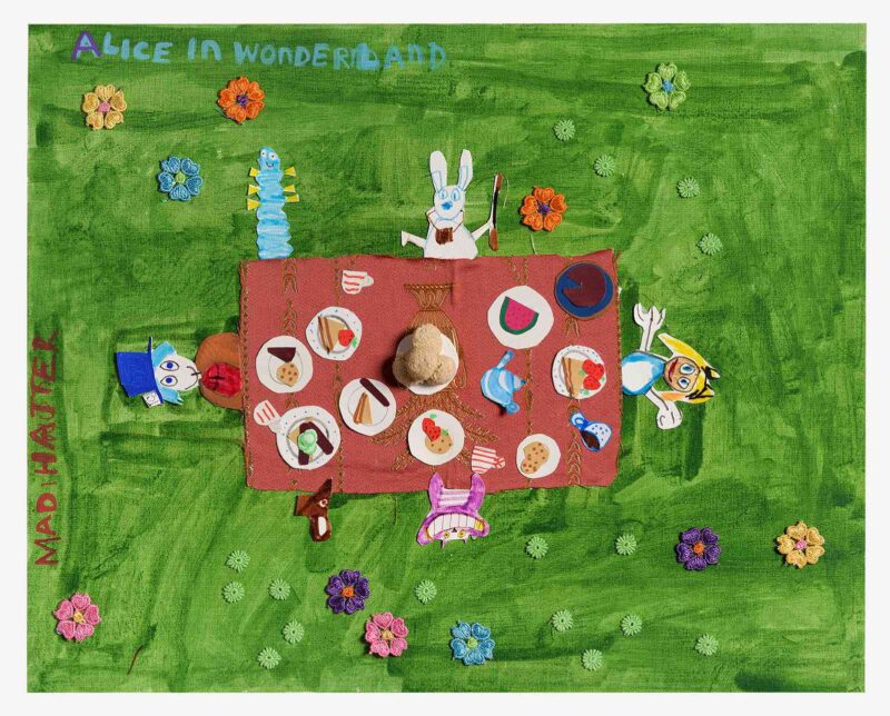 Mad Hatter’s Tea Party, paint and mixed media on board, 41x51x3cm
