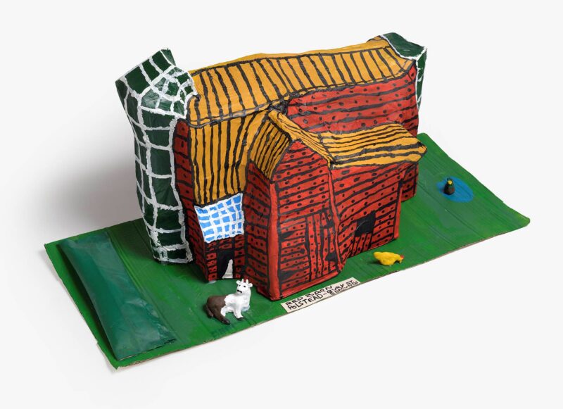 The Red Barn, mixed media painted sculpture, 40x83x37cm