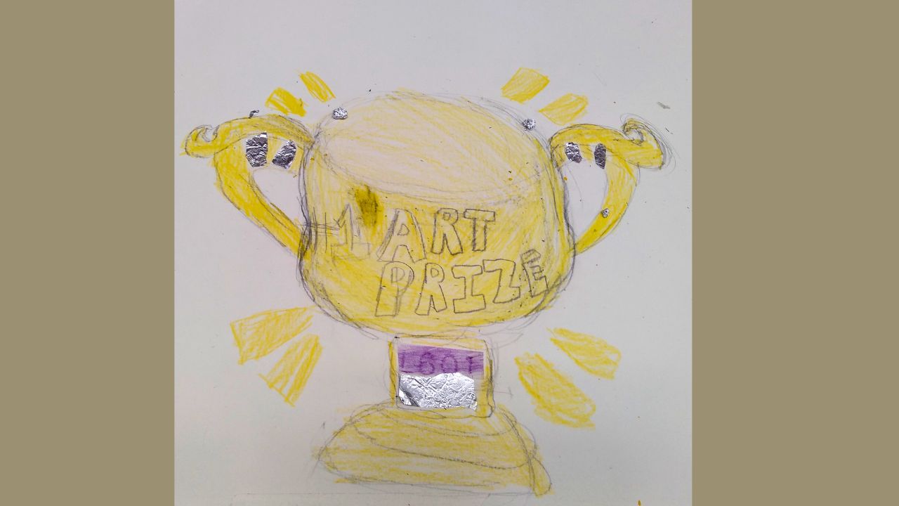 A collaged trophy reading #1 Art Prize