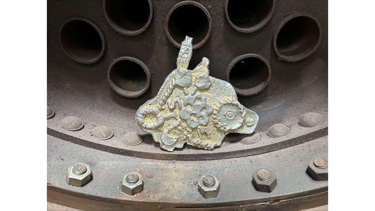 A cast pewter piece, inspired by machined parts in the Long Shop Museum is propped up inside one of the boilers on display
