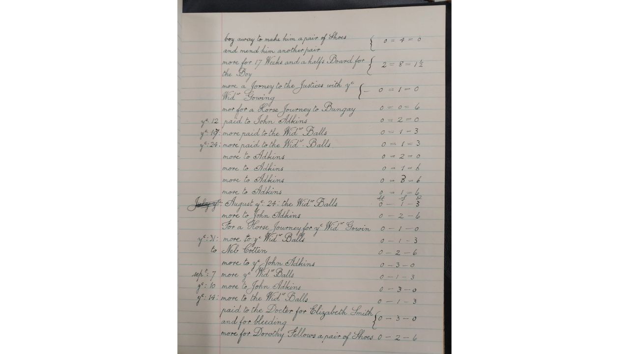 Hand written accounts showing amounts of money paid by parish clerk to parishioners