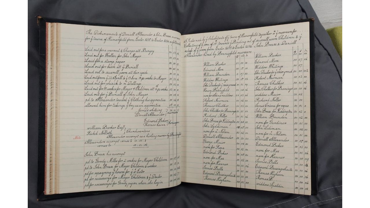 An old accounts book dating back to 1695 showing payments made to parishioners in the town of Homersfield