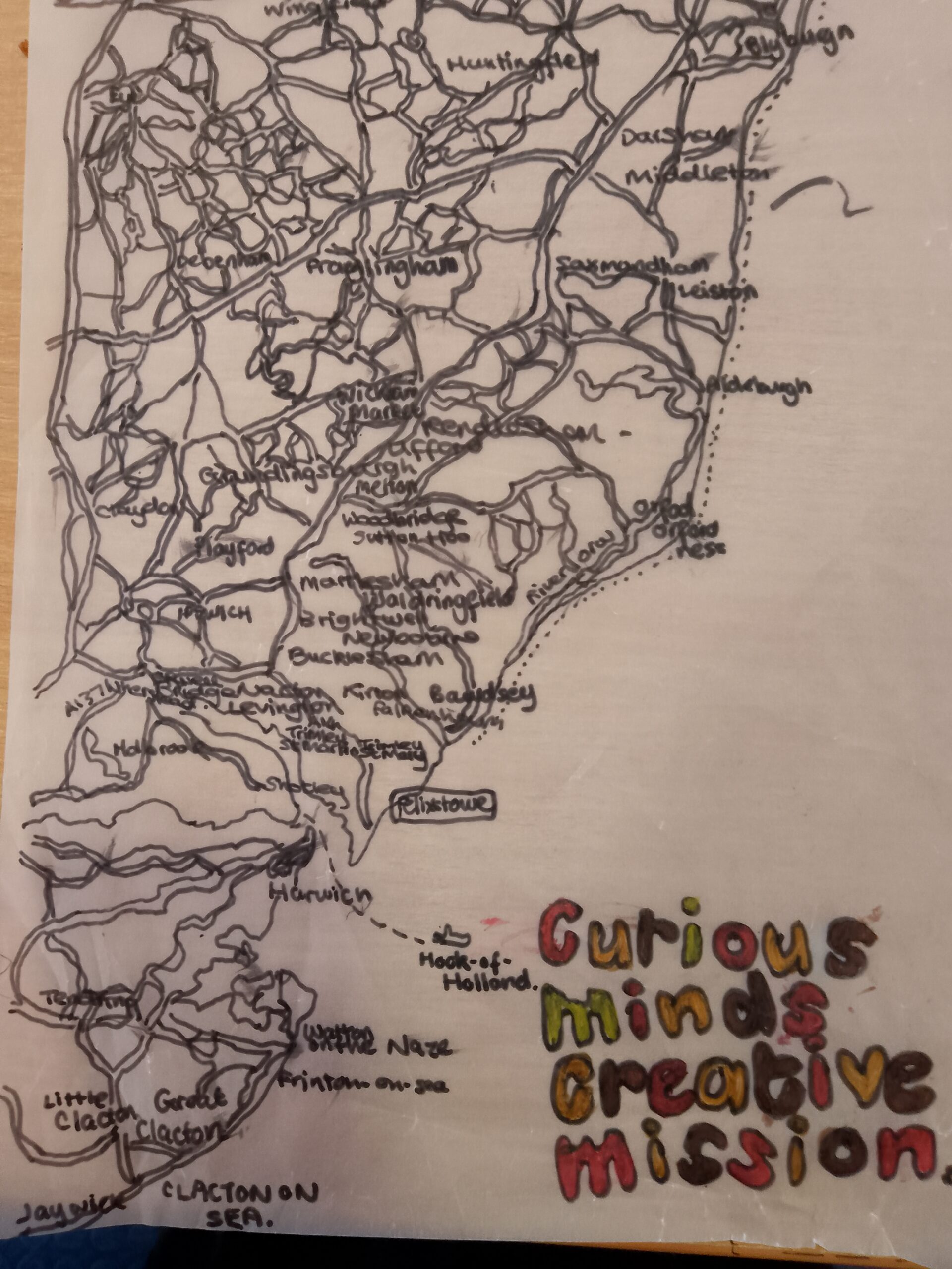 Hand drawn map of the east coast of Suffolk.