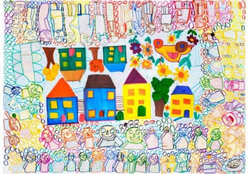 Pattern for the Space Brave Art Unlimited Autumn Exhibition Artwork by Brave Artist Ruth Williams, 'Village', pen and ink. Colourful houses surround by people.