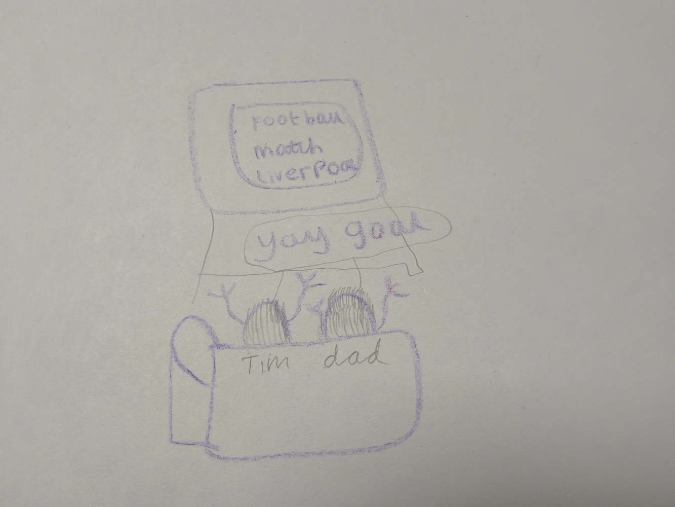 A pencil drawing of two people sitting on a sofa watching a football match on television. Football match Liverpool. Yay goal. Tim Dad