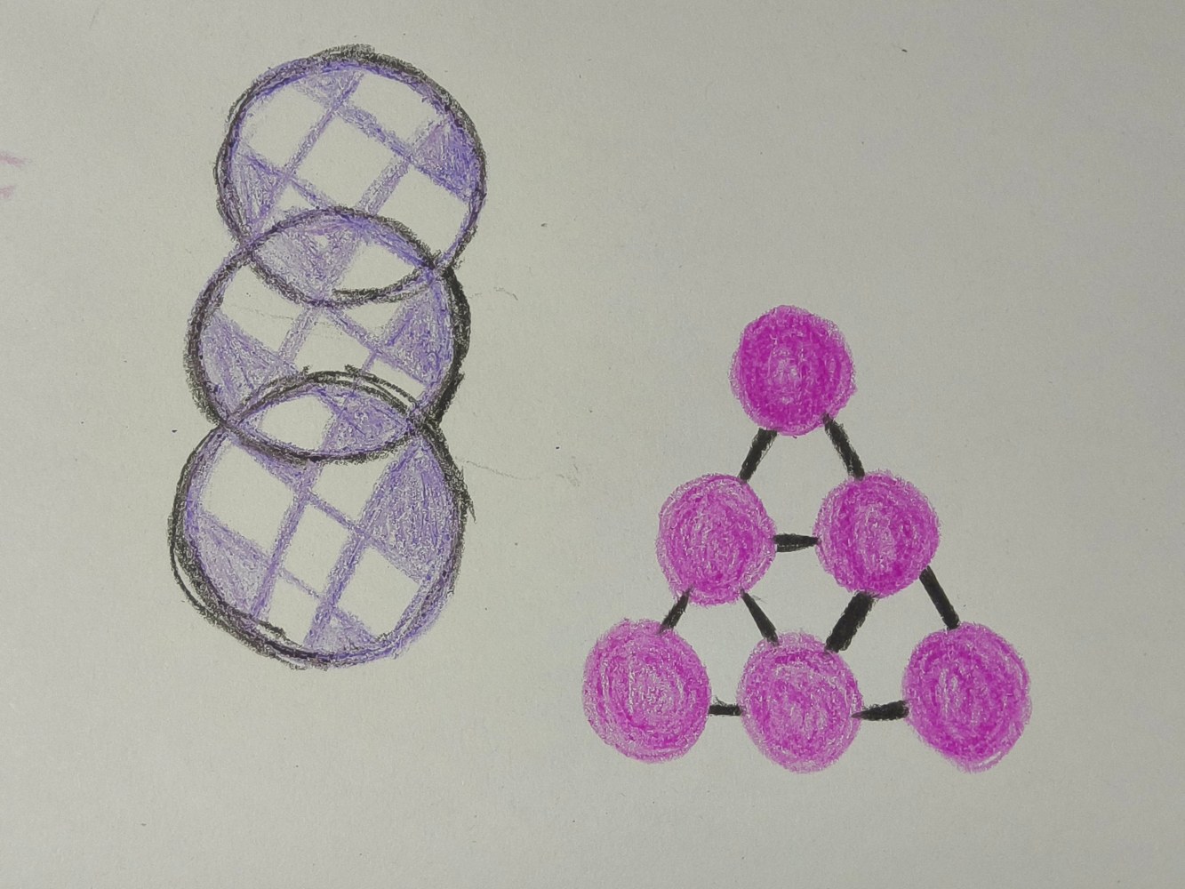 Patterns of lines and circles in black and shades or purple