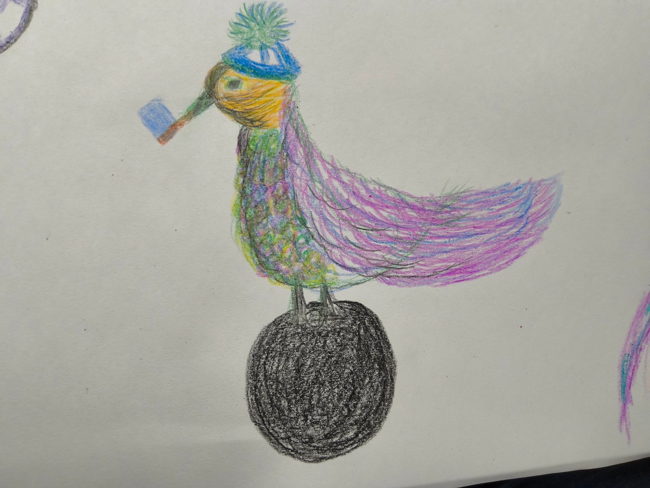 A colourful bird wearing a bobble hat and standing on a ball