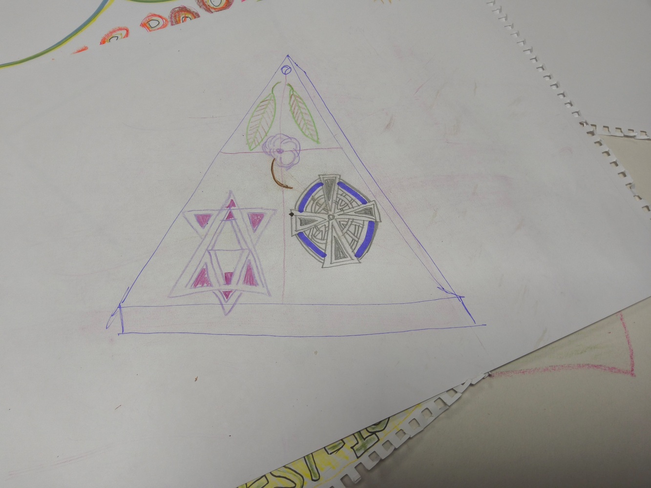 A drawing of a triangle containing distinct emblems